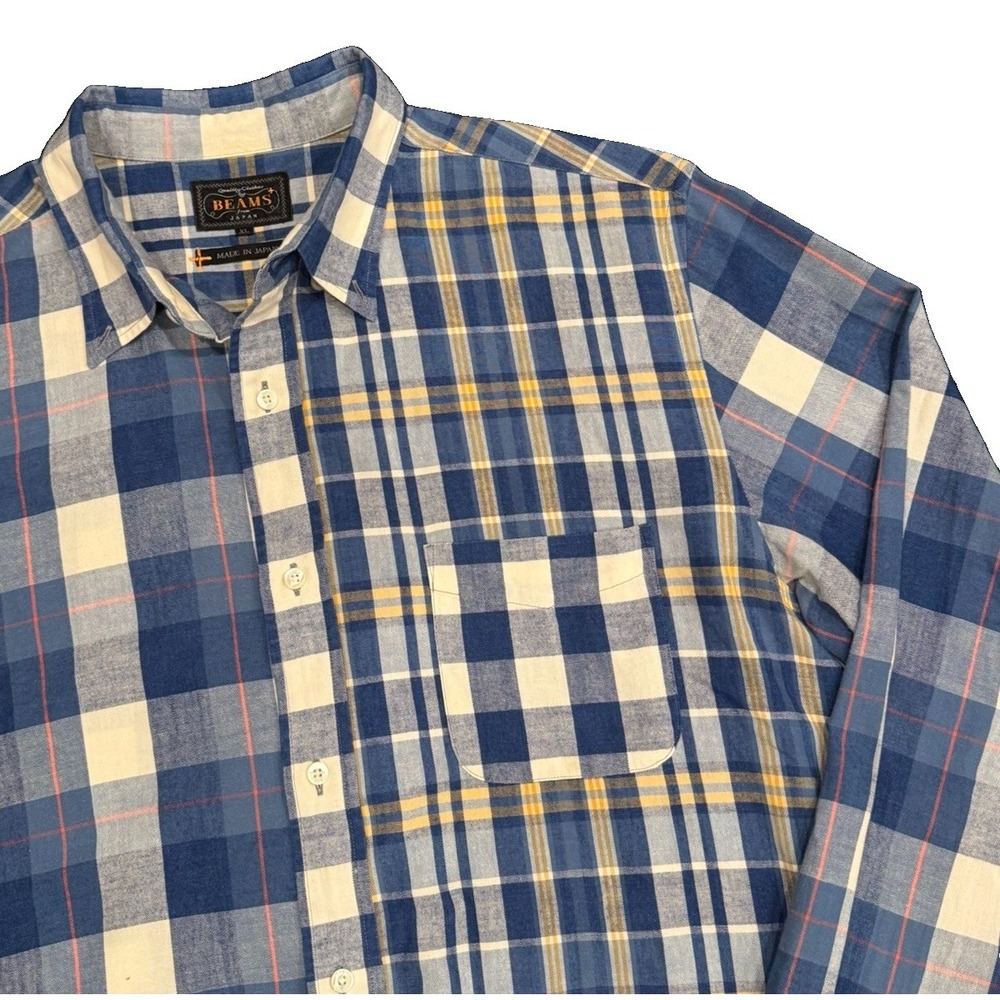 Beams Plus Japan Mens Shirt Size XL Flannel Blue Plaid Button Down Casual Cotton